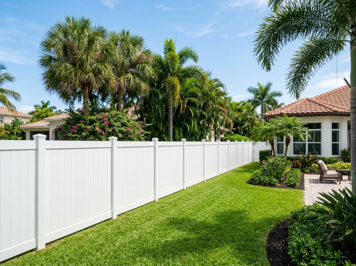 White vinyl privacy fence installation in South Florida residential yard