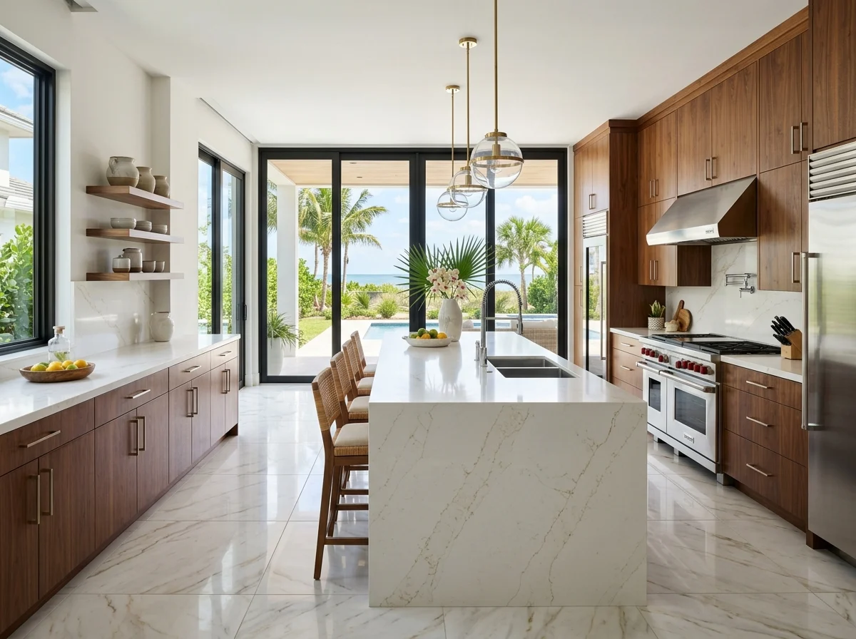 Luxury coastal kitchen renovation with custom cabinets and quartz countertops