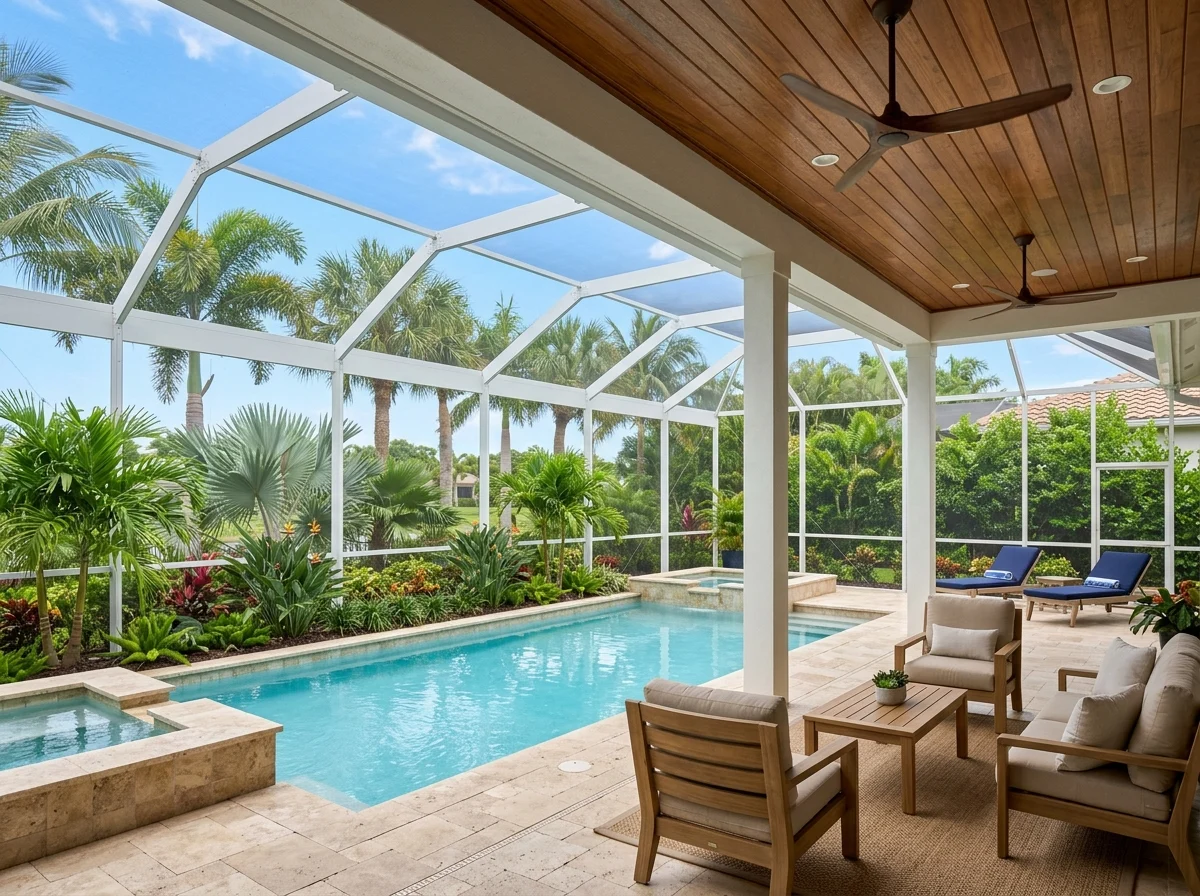 Screened patio enclosure and custom tongue and groove wood patio roof ceiling