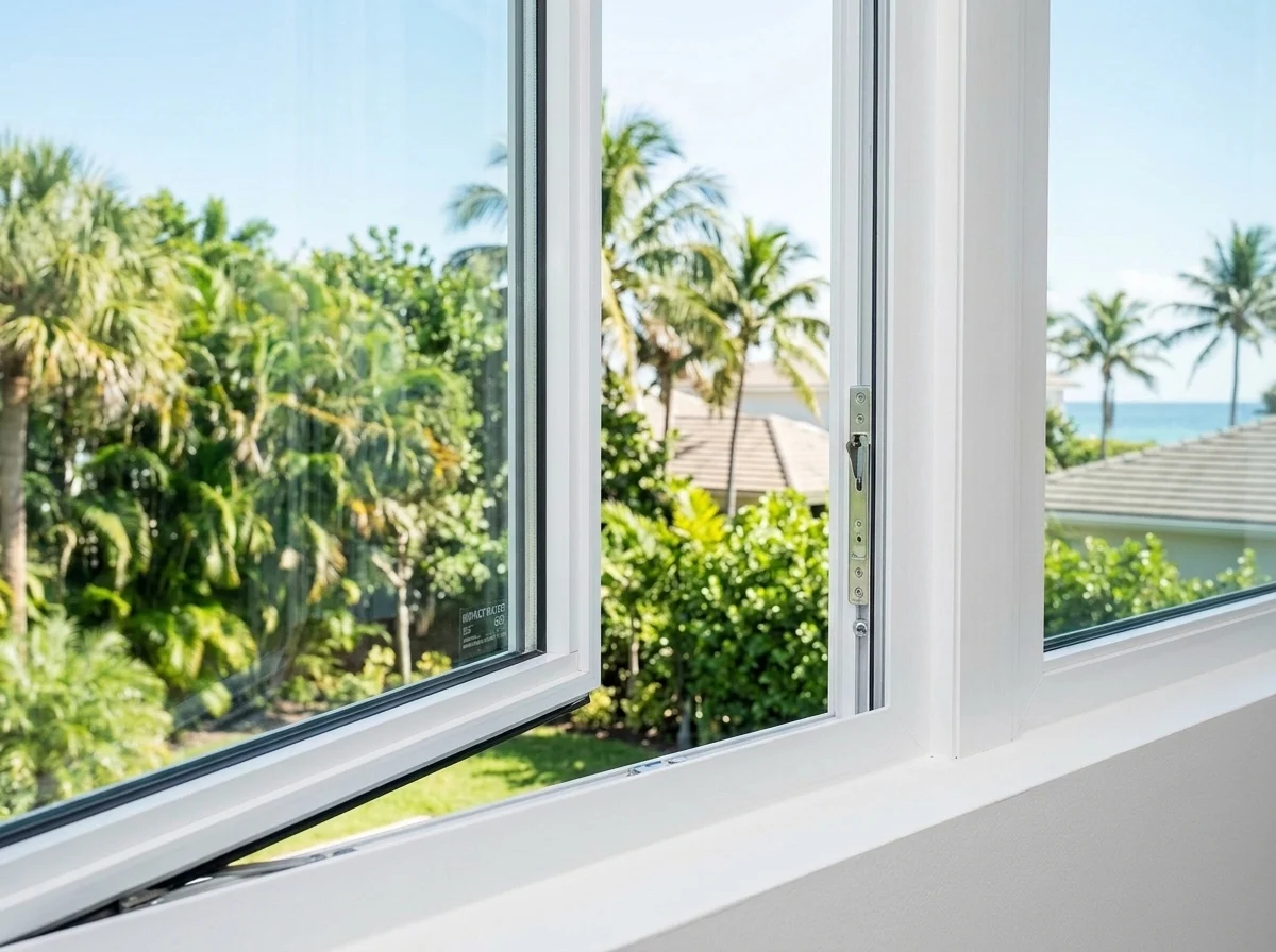 Clean open impact window showcasing precision balance hardware and coastal Florida views
